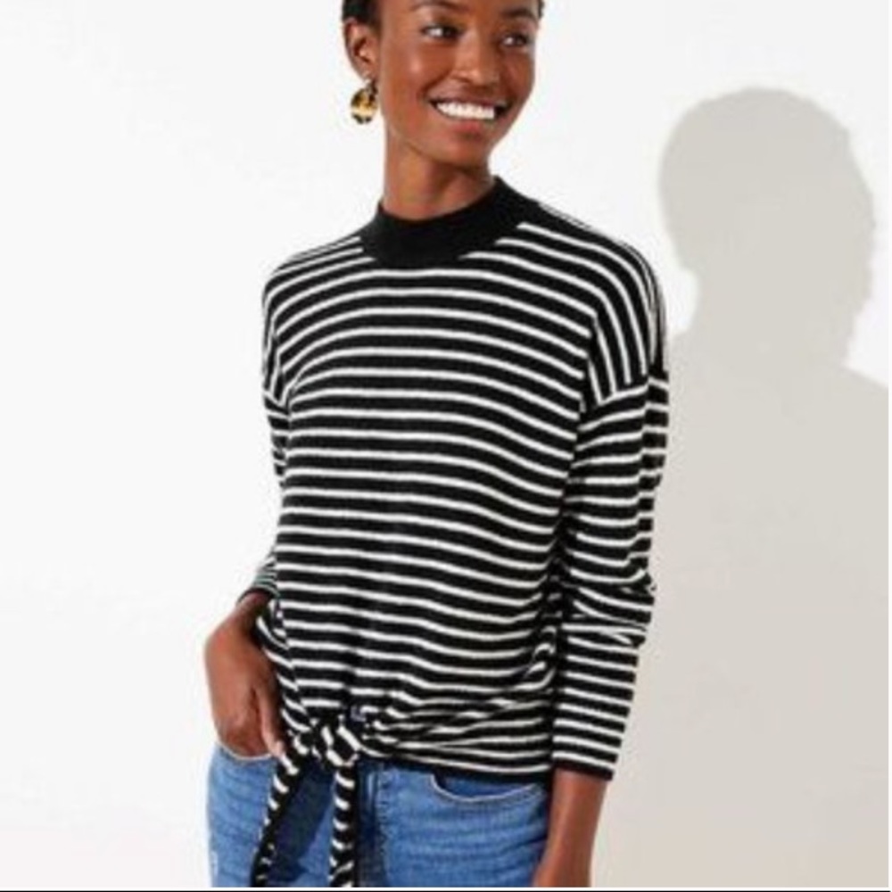 LOFT Striped Tie Hem Mock Neck Sweater